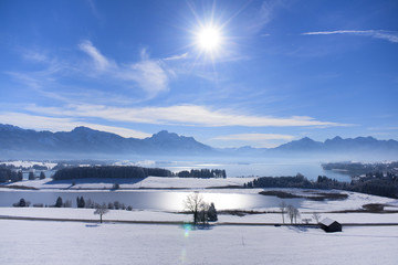 Panorama Winterlandschaft im Allgäu, Bayern, am Forggensee