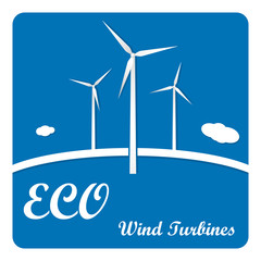 Ecology poster or flyer with wind turbines on blue background