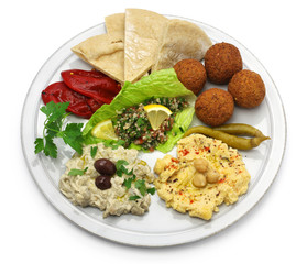 hummus, falafel, baba ghanoush, tabbouleh and pita