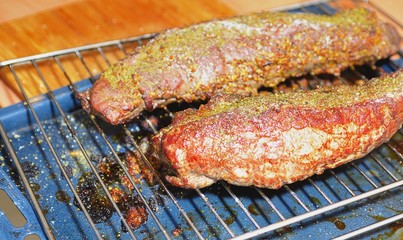 Grilled beef steak on the grilling pan
