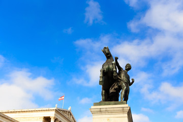 Statue of a man with a horse near the parliament in Vienna again