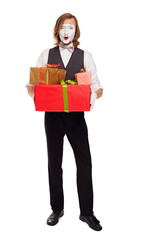 mime actor holding gift boxes