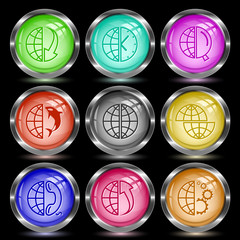 globe and array down, and clock, and magnifying glass, and shamo