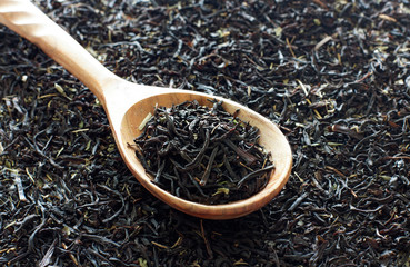 Fototapeta premium Spoon of dried black tea leaves