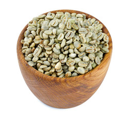 green coffee beans in a wooden bowl