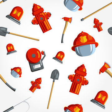 Color vector seamless pattern firefighter equipment. Flat icon b