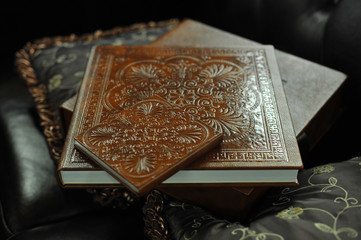 Fototapeta premium brown leather wedding photo book album