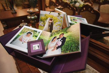 textile vintage wedding photo book album - obrazy, fototapety, plakaty