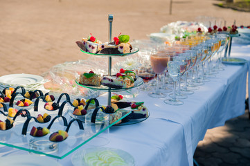 a lot of cold snacks on buffet table, catering