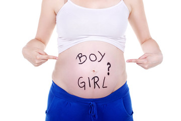 Pregnant women with printed words on her stomach