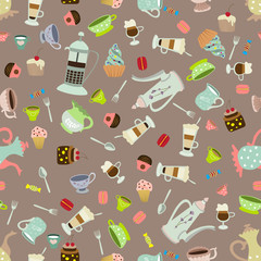 Seamless vector background with dishes and cakes