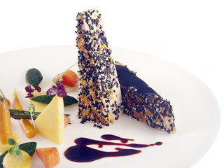 fried bean curd with black and white sesame seeds