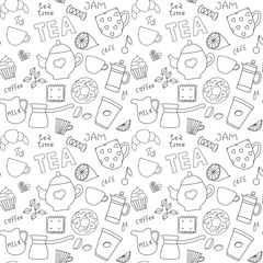 Doodle pattern with tea, cups and sweets
