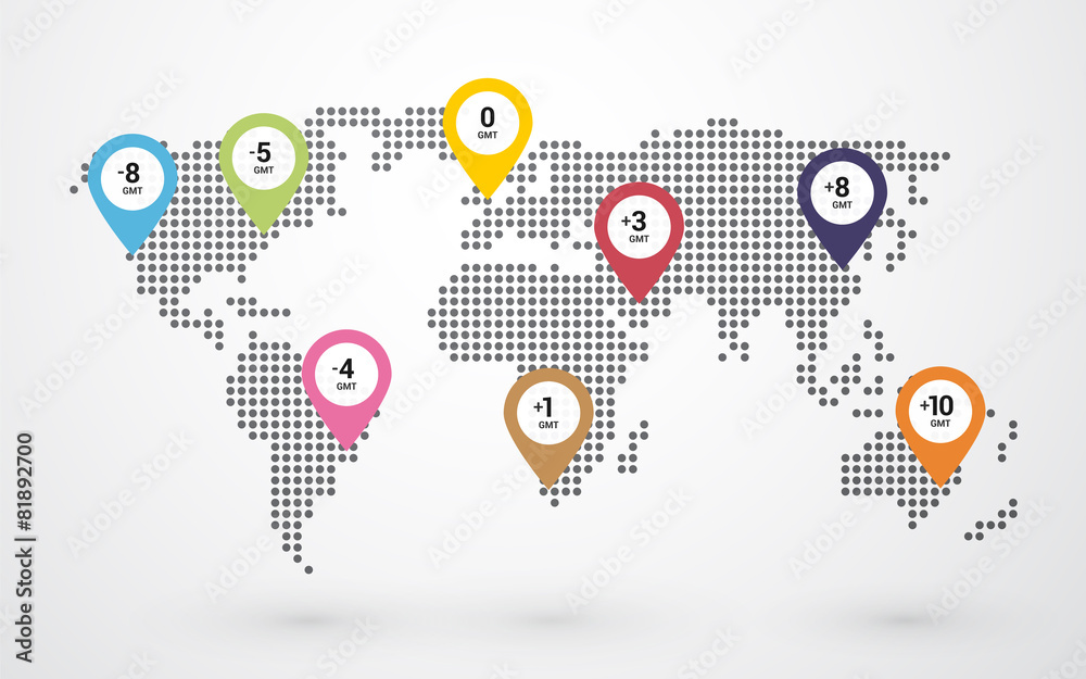 Canvas Prints dotted world map with pin marking time zones