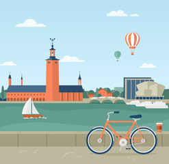 Stockholm seaside promenade, view of the City Hall - 81892958