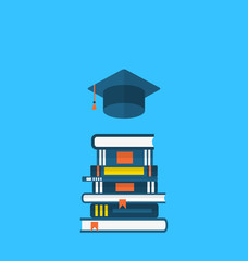 Flat icons of graduation cap and  heap textbooks