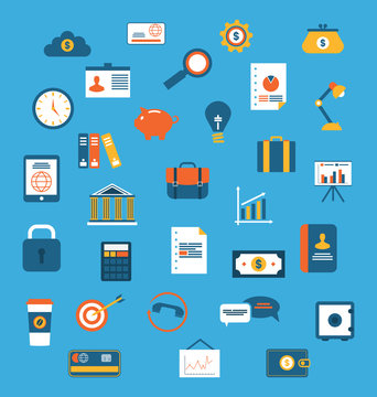 Set flat icons of web design objects, business, office and marke