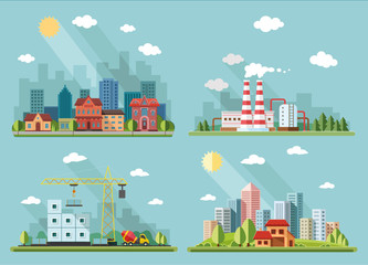 icons set. large city on the background of a country house, city