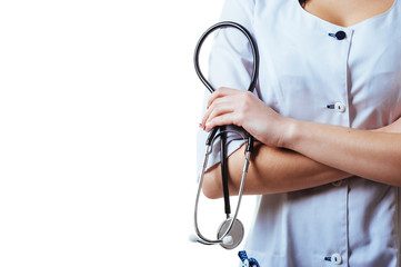 Smiling medical doctor woman with stethoscope. Isolated over