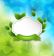 Abstract label with eco green leaves and ribbon on glowing backg