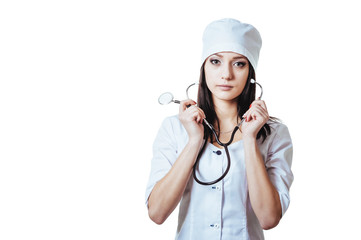 Smiling medical doctor woman with stethoscope. Isolated over