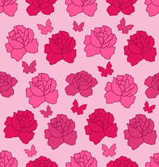 Seamless Texture with flowers Roses and Butterflies, Pink Romant