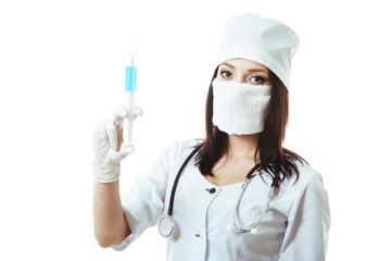 Young brunette doctor woman with syringe isolated on white