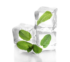 Ice cubes with mint, isolated on white