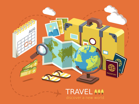 travel essentials flat 3d isometric infographic