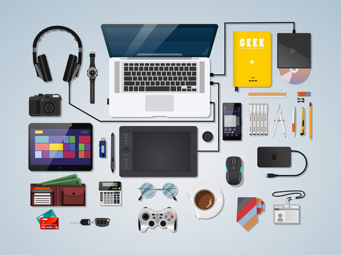 Semi Realistic Complete Geek Workspace Vector Illustrations