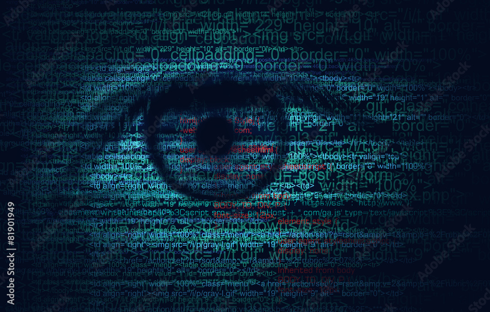 Fototapete web program code with human eye - concept background
