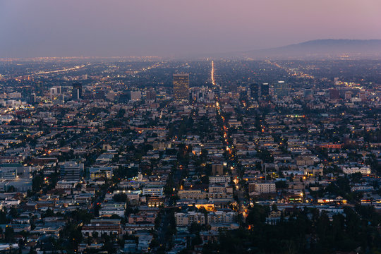 View of Los Angeles at night, from Griffith Observatory, in Grif