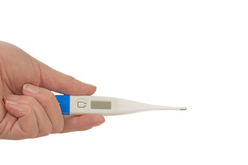 Hand is holding a digital thermometer. Isolated.