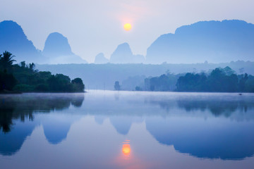 Lake and mountain in sunrise