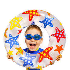 Happy kids look out of inflatable ring