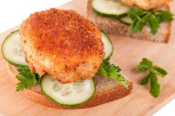 Sandwiches with Yummy Cutlet, Bread, Cucumber and Parsley