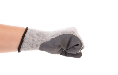 Worker hand glove clenching fist.