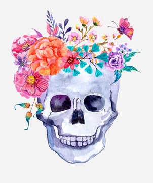 Watercolor flowers and skull background