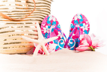  flip-flops with tropical beach background, summer accessories
