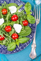 Fresh italian salad with tomatoes and mozzarella on plate