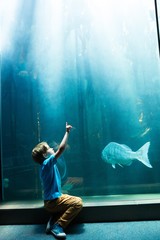 Young man pointing the top of a tank