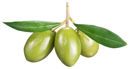 Green olives with leaves on a white background.