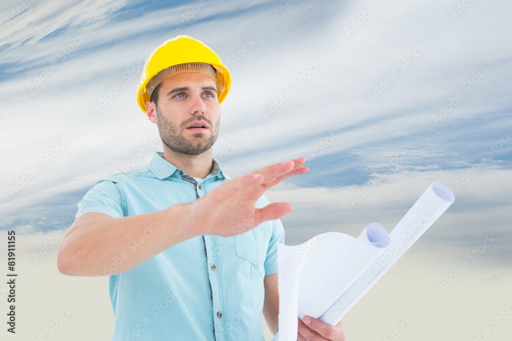 Poster Image of architect with blueprint gesturing