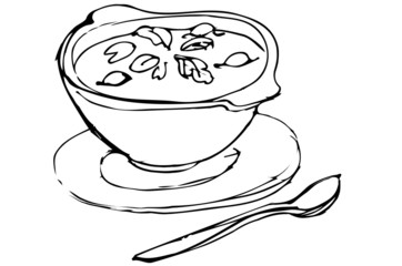 bowl of soup with herbs and spoon lying next