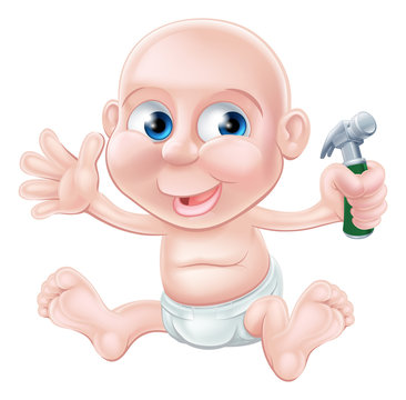 Cartoon baby holding toy hammer