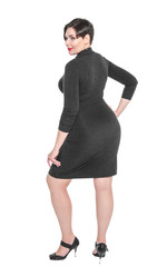 Fototapeta premium Beautiful plus size woman in black dress posing isolated