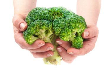 Fototapeta na wymiar Green fresh broccoli in hands