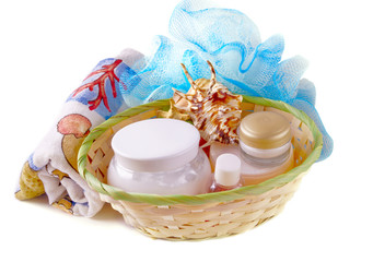 Items to care for the skin of the body in the basket