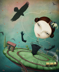 Conceptual illustration unreal fantasy with the girl and train