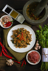 Thai spicy  food : stir-fried meat with chilli and basil